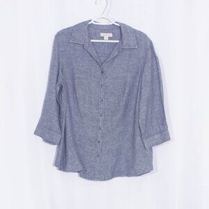 COLDWATER CREEK 100% Linen 3/4 Sleeve Blue Button Down Shirt Size XL